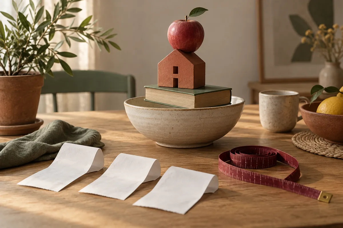 Una casa di terracotta e un libro in equilibrio sopra una ciotola, accanto a tre fogli bianchi
